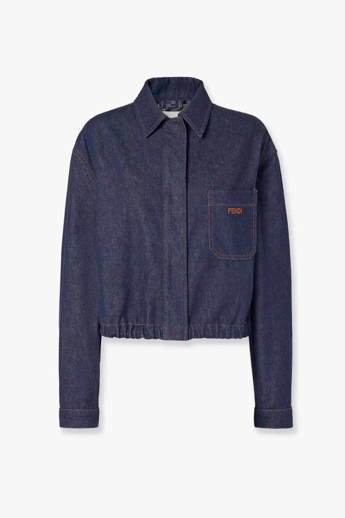 Fendi women’s dark blue denim jacket with subtle texture and orange embroidered logo on the chest pocket