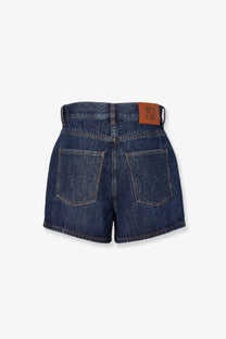 Dark blue high waist denim shorts for women with back pockets and brown leather fendi brand patch at waistband back view