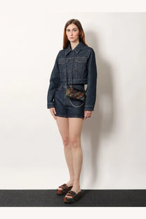 Fendi women’s denim shorts blue paired with fendi logo-patterned mini crossbody bag with chain strap in brown