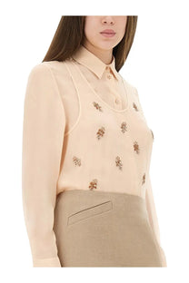 Fendi women’s beige long-sleeved georgette blouse with delicate gold and brown floral embroidery