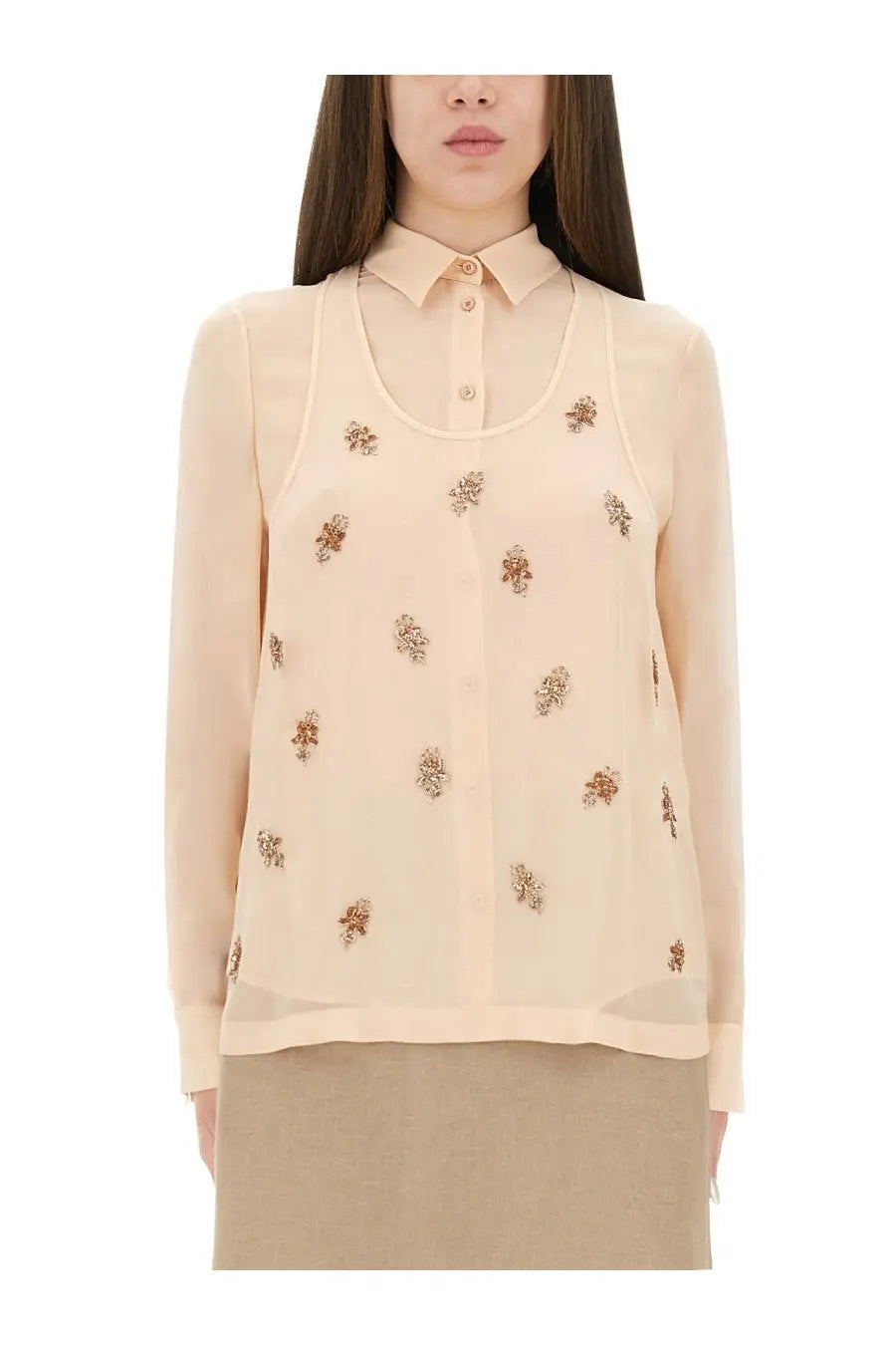 Fendi women’s embroidered georgette blouse in beige sheer fabric with delicate brown and gold floral embroidery