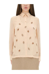 Fendi women’s embroidered georgette blouse in beige sheer fabric with delicate brown and gold floral embroidery