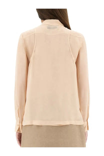 Fendi women’s embroidered georgette top blue with delicate beige silk blouse featuring subtle sheen and structured shoulders