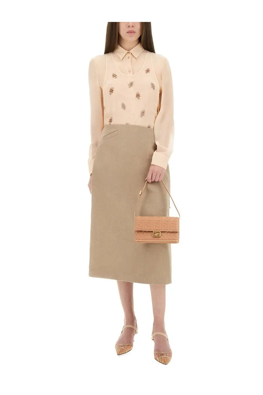 Tan leather fendi mini handbag with embossed logo and gold tone hardware shown with fendi womens embroidered georgette top blue