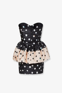 Fendi women’s falena dots black polka-dot taffeta bustier mini dress with a beige peplum and structured bodice
