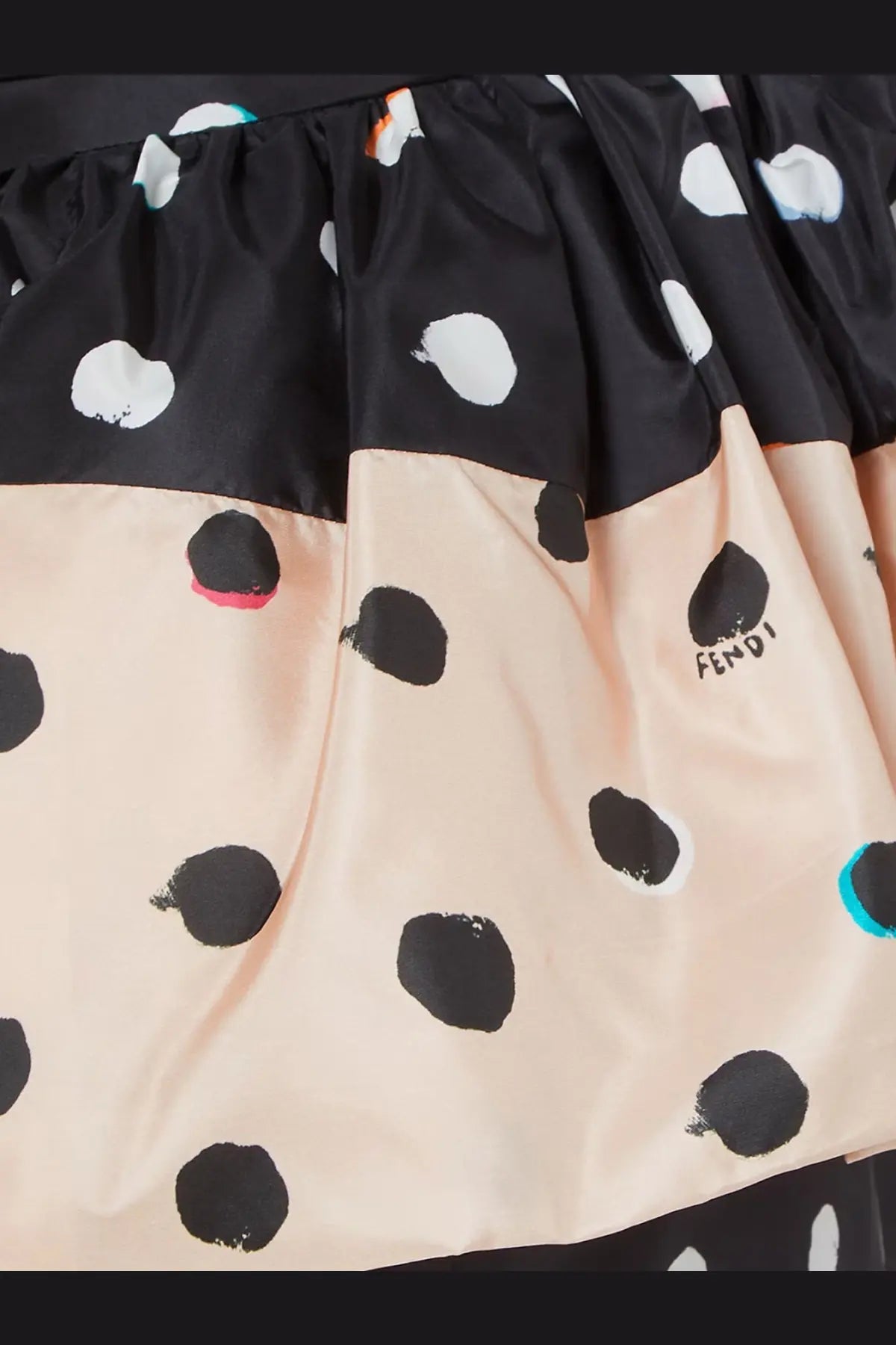 Fendi women’s falena dots taffeta bustier dress black with a two-tone black and beige skirt featuring bold brushstroke polka dots