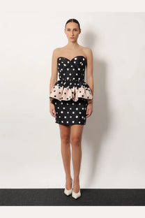 Fendi women’s falena dots black taffeta bustier dress with strapless polka dot peplum and blush pink ruffled waistband