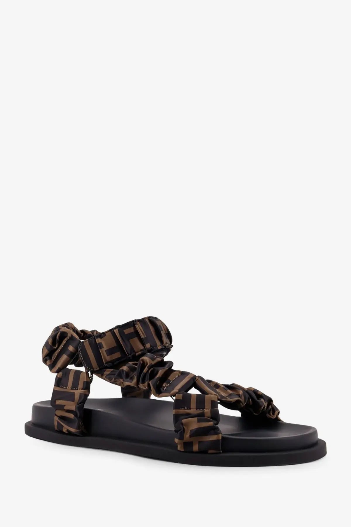 Brown and black fendi ff-logo patterned ruched elastic satin sandals with flat rubber sole for women