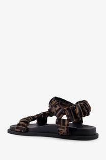 Brown and black Fendi logo-patterned ruched elastic satin sandals with flat black rubber sole for women