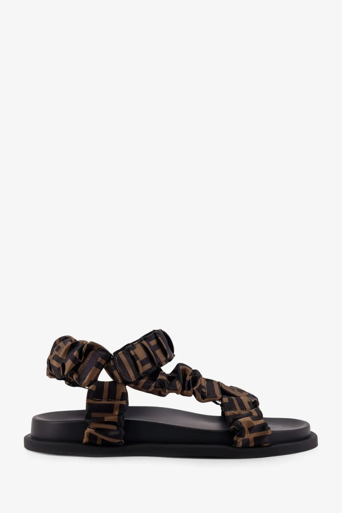 Black platform sandal with ruched brown and black ff-logo elastic satin straps by fendi womens feel sandals