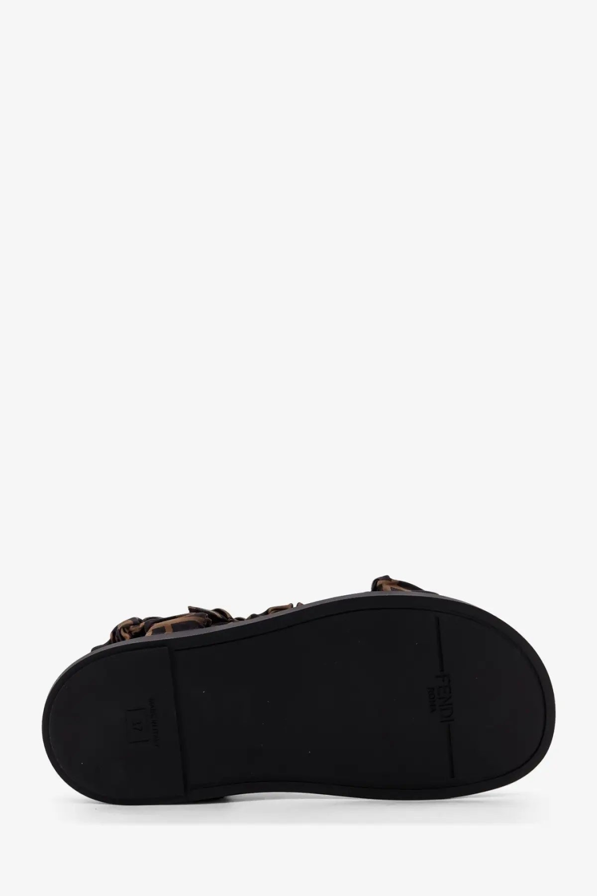 Fendi women’s feel black platform sandal with brown and black patterned elastic satin straps