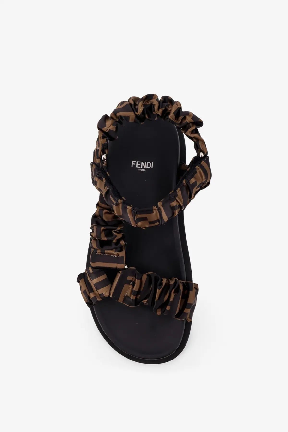 Fendi womens feel sandals with ruched brown and black ff-logo elastic satin straps over a sleek black sole