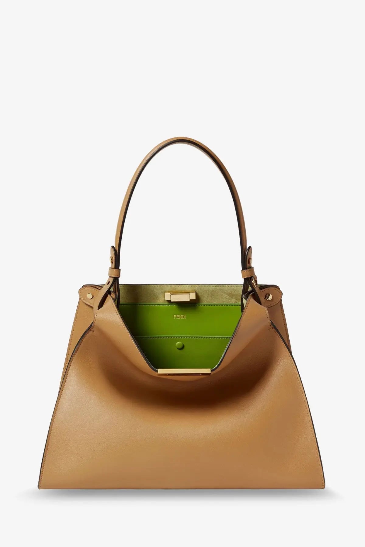 Fendi women’s fend way medium leather shoulder bag in tan with vibrant green interior and gold-tone hardware