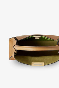Fendi women’s fend way medium leather shoulder bag in tan leather with olive green suede interior and gold-tone hardware