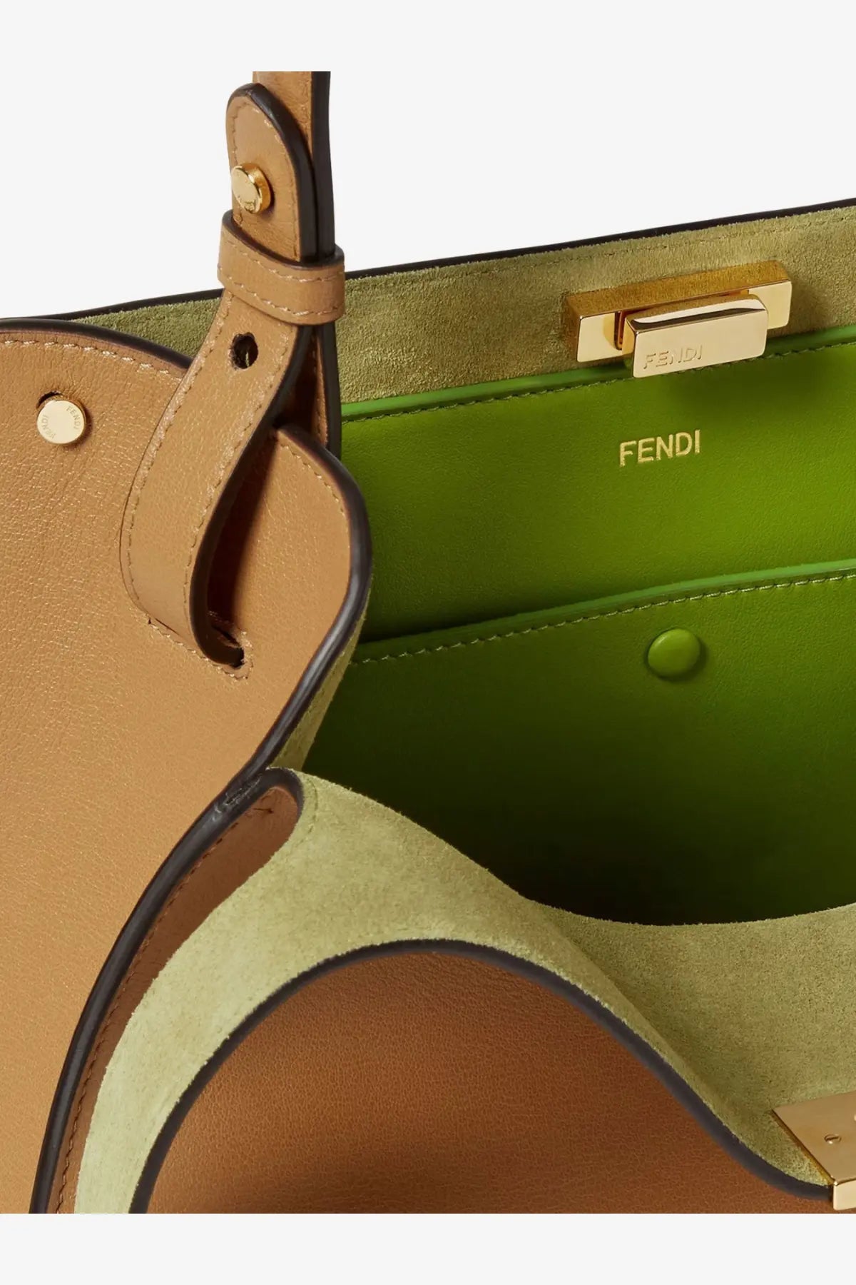 A tan leather fendi fend way medium shoulder bag with vibrant green suede interior and gold-tone hardware