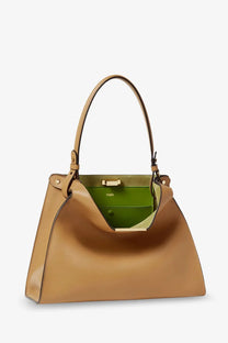 Fendi women’s fend way medium tan leather shoulder bag with vibrant green interior lining and gold-tone hardware