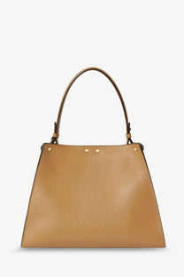 Fendi women’s fend way medium tan leather shoulder bag with curved top handles and gold-tone hardware accents