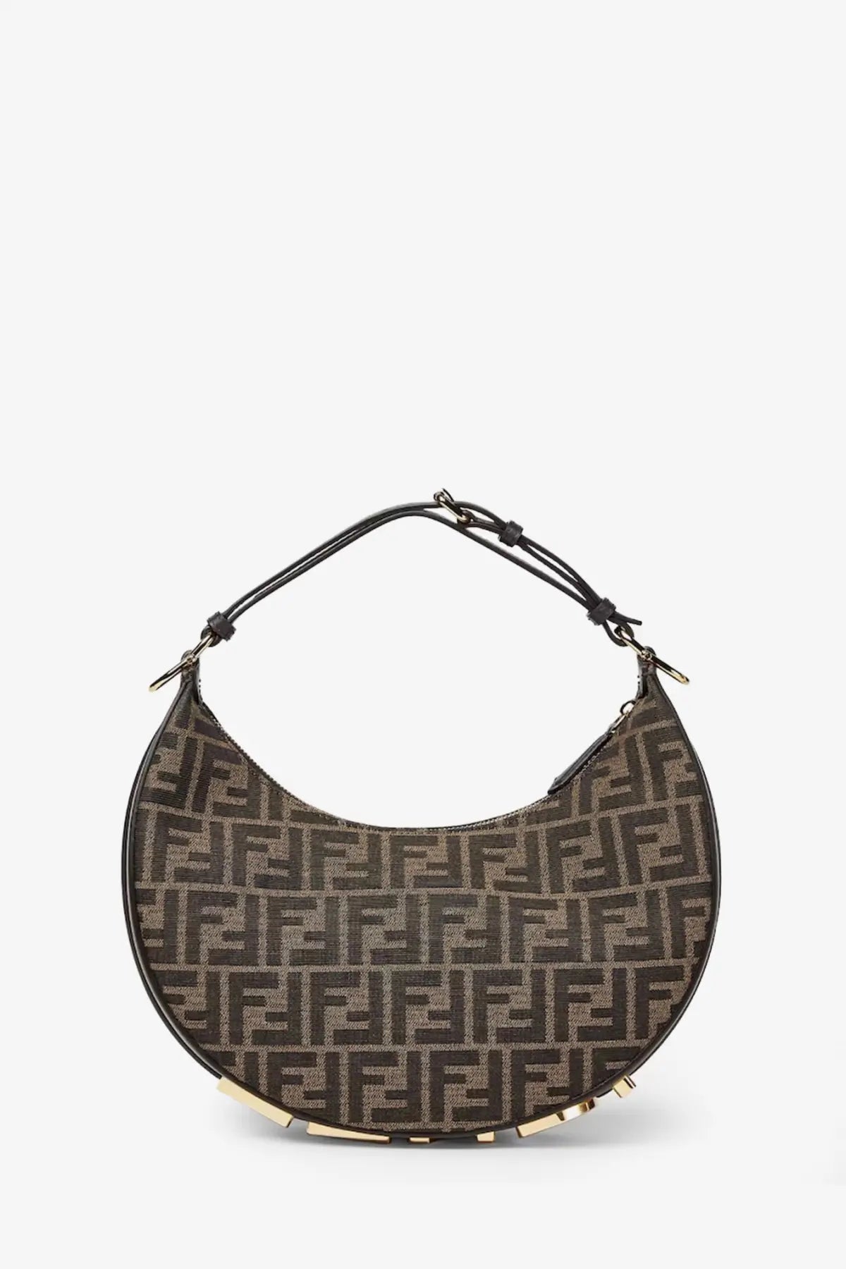 Brown fendi women’s fendigraphy small handbag in jacquard fabric with repeating ff logo and black leather handle