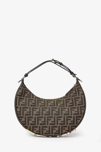 Brown fendi women’s fendigraphy small handbag in jacquard fabric with repeating ff logo and black leather handle