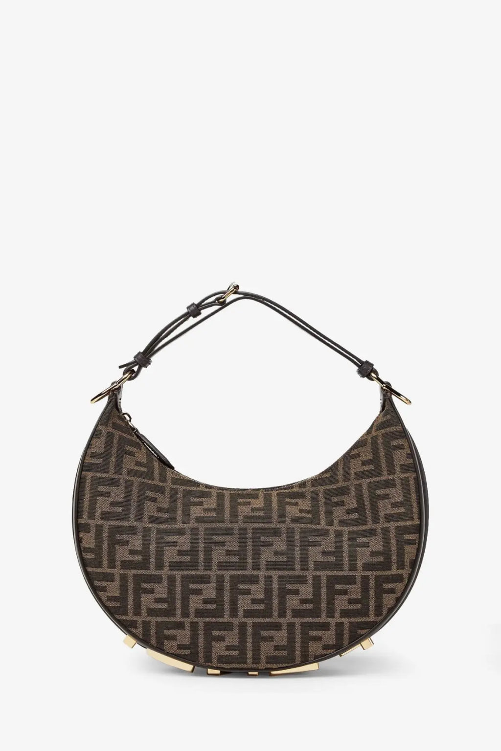 Brown fendi women’s fendigraphy small handbag in jacquard fabric with repeating ff logo pattern and black leather handle