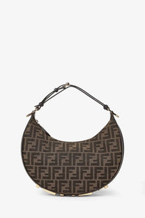 Brown fendi women’s fendigraphy small handbag in jacquard fabric with repeating ff logo pattern and black leather handle