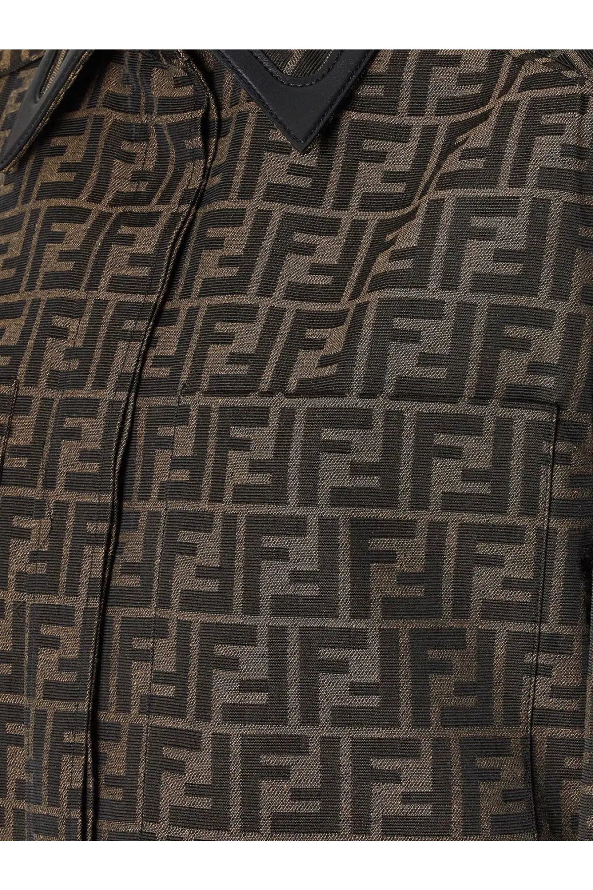 Fendi women’s brown canvas jacket with black ff logo pattern and leather collar in a shirt style