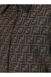 Fendi women’s brown canvas jacket with black ff logo pattern and leather collar in a shirt style