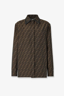 Fendi women’s brown ff canvas jacket featuring brown fendi ff monogram pattern and contrasting black collar