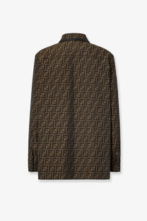 Brown Fendi women’s FF canvas jacket with Zucca patterned cotton shirt and black collar visible from the front