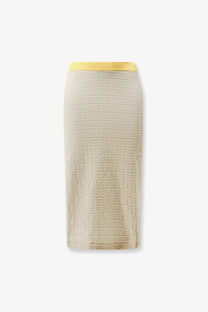Beige textured knit pencil skirt with yellow waistband from fendi women in ff color block design white background