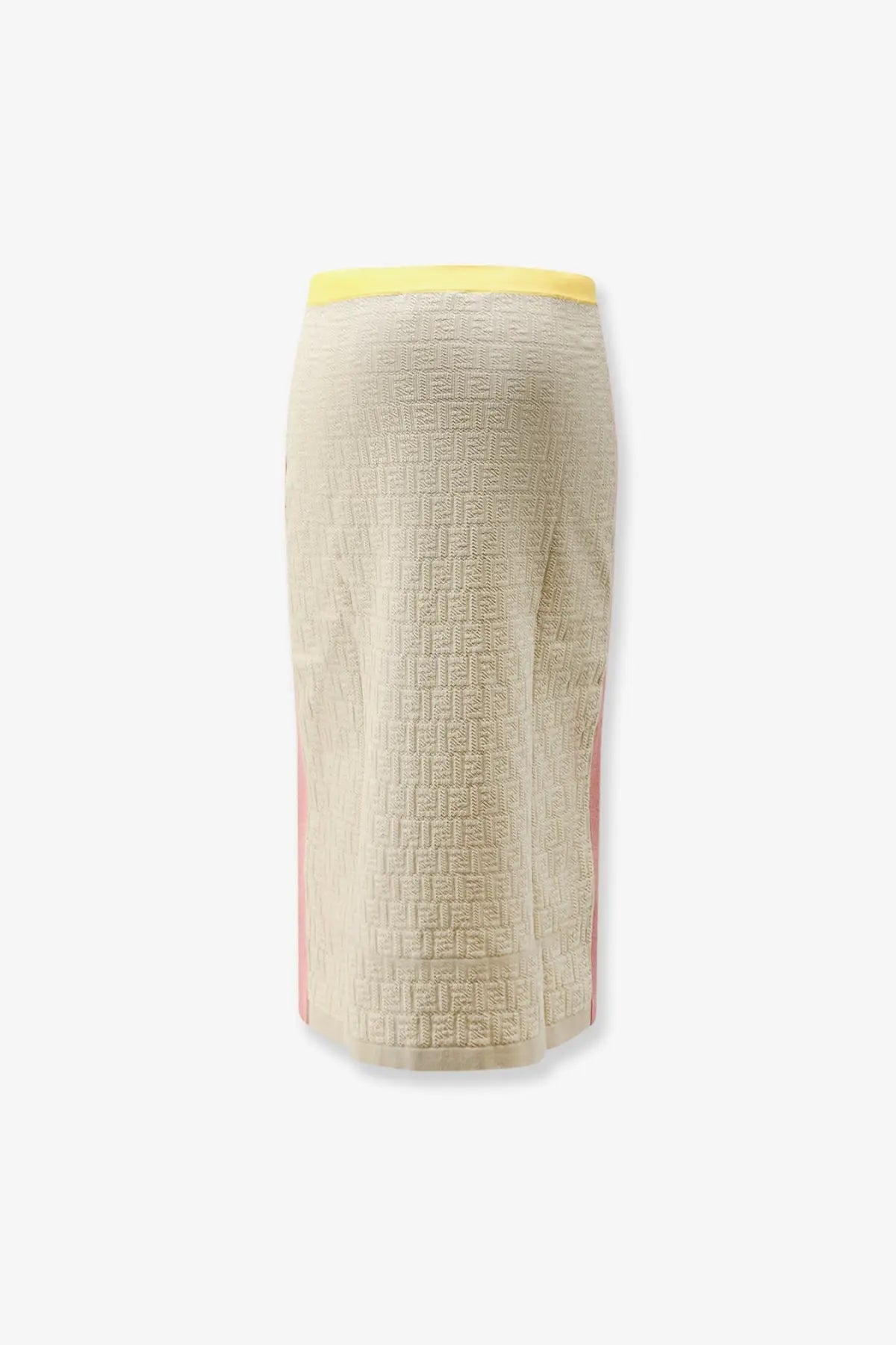 Fendi women’s beige textured knit pencil skirt with yellow waistband and pink side panels white color block design