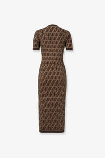 Fendi women’s brown cotton blend dress featuring beige repeating ff monogram pattern across the garment