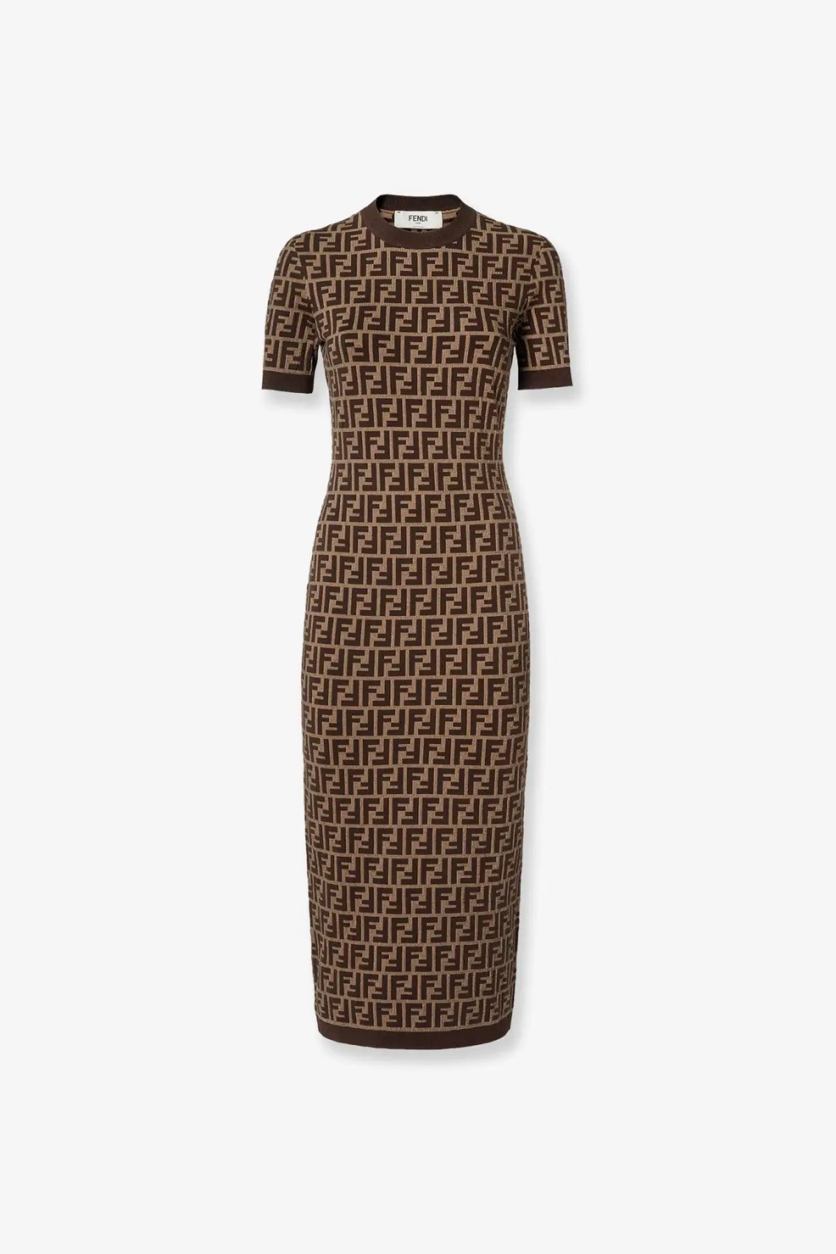 Brown and beige fendi women’s cotton blend dress with repeating ff logo pattern and short sleeves