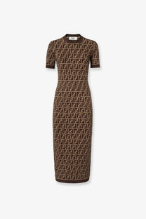 Brown and beige fendi women’s cotton blend dress with repeating ff logo pattern and short sleeves