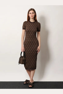 Brown Fendi women’s cotton blend dress featuring a repeating FF logo pattern on the front