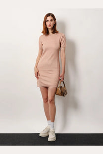 A soft blush pink short-sleeved knit dress with round neckline and fitted silhouette, fendi women’s cotton and viscose dress