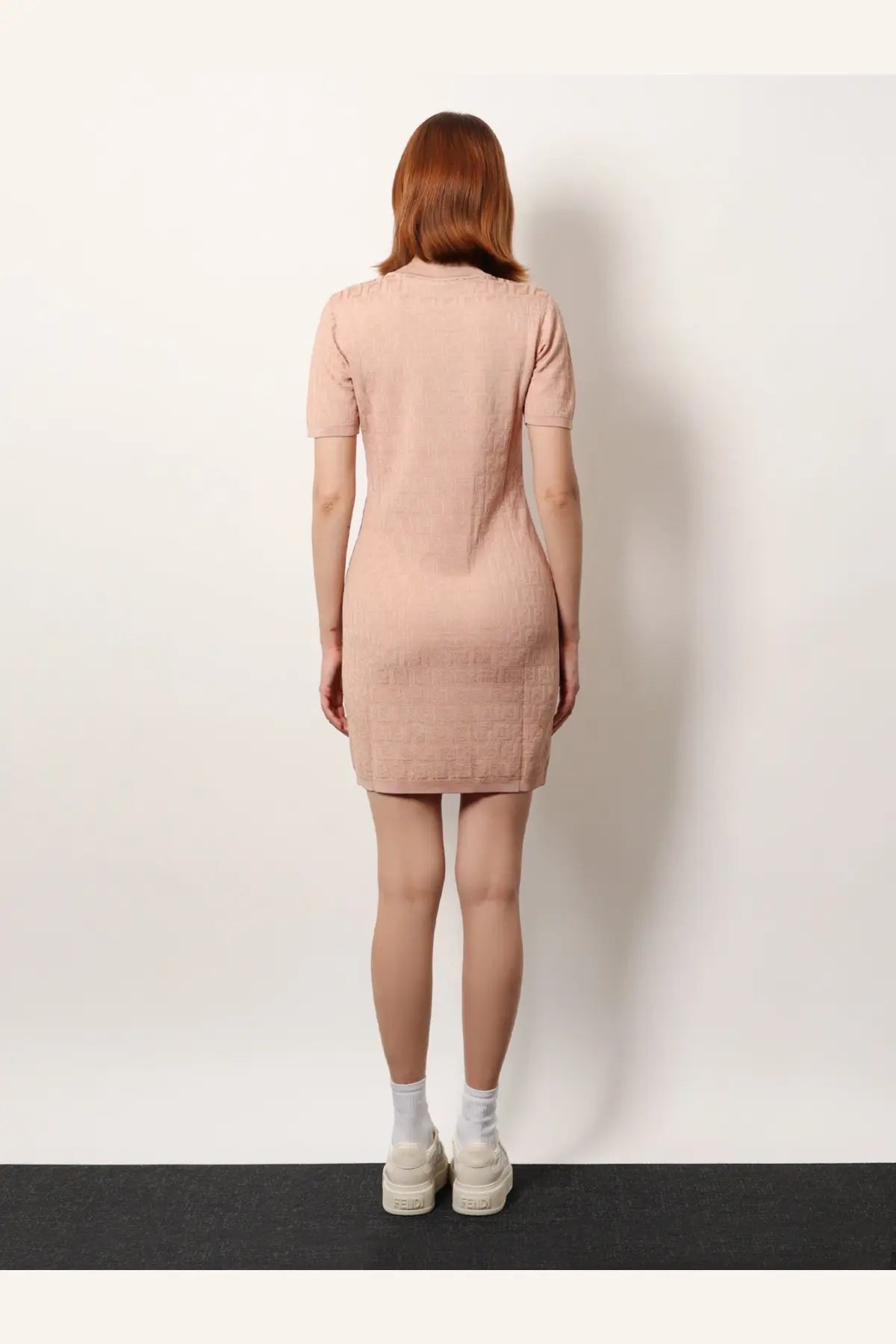 Fendi women’s soft pink short-sleeved knit dress with subtle texture made of cotton and viscose