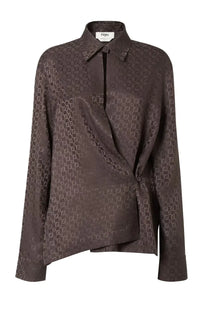 Dark brown Fendi women’s silk blouse with FF jacquard monogram and asymmetrical wrap design
