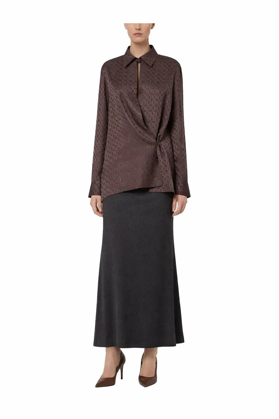 Fendi women’s brown satin blouse with subtle jacquard pattern and draped front design