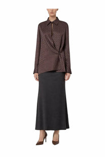 Fendi women’s brown satin blouse with subtle jacquard pattern and draped front design