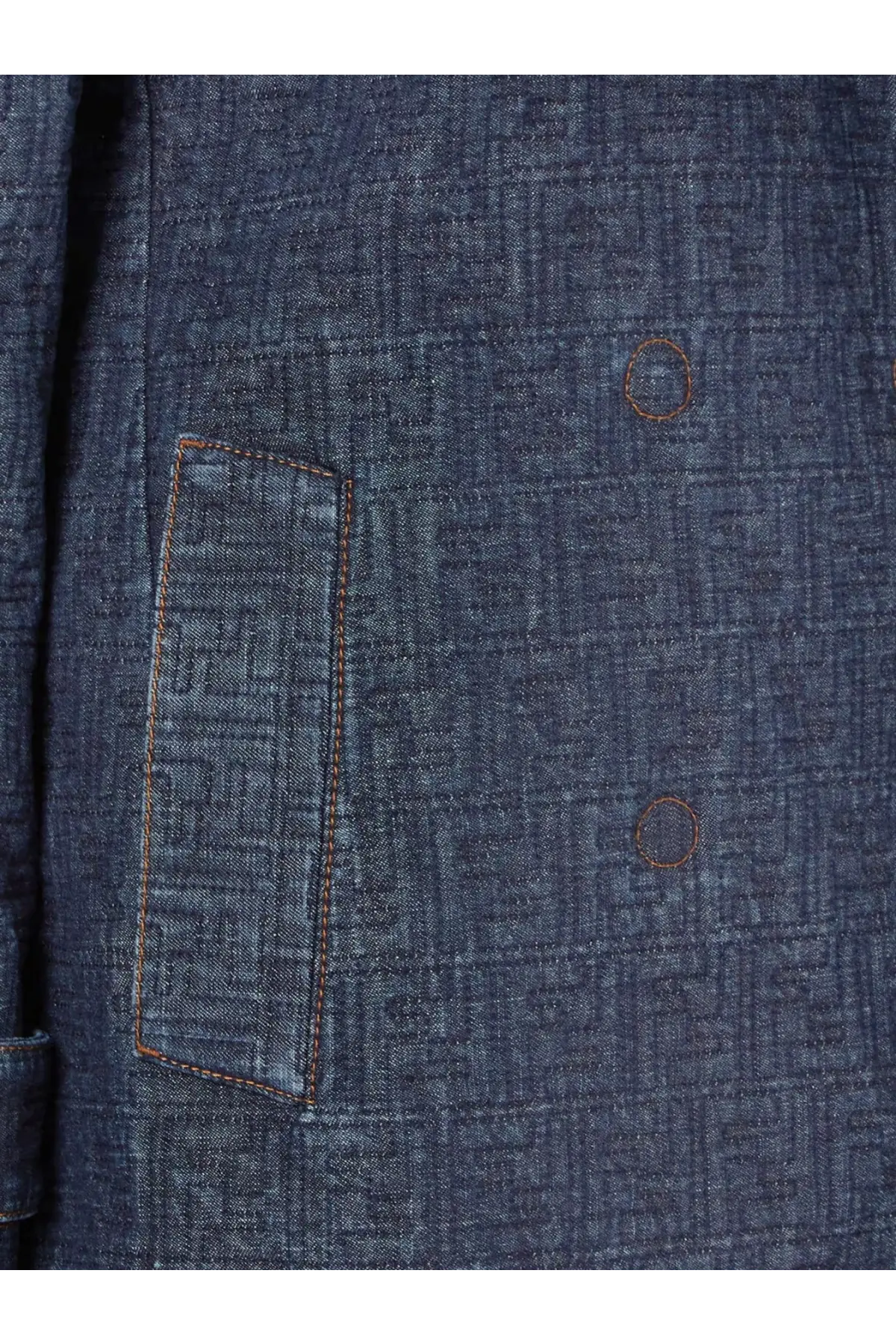 Fendi women’s blue denim caban jacket with subtle textured weave and brown stitching along pocket edge
