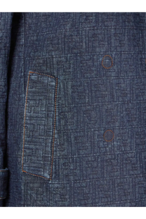 Fendi women’s blue denim caban jacket with subtle textured weave and brown stitching along pocket edge