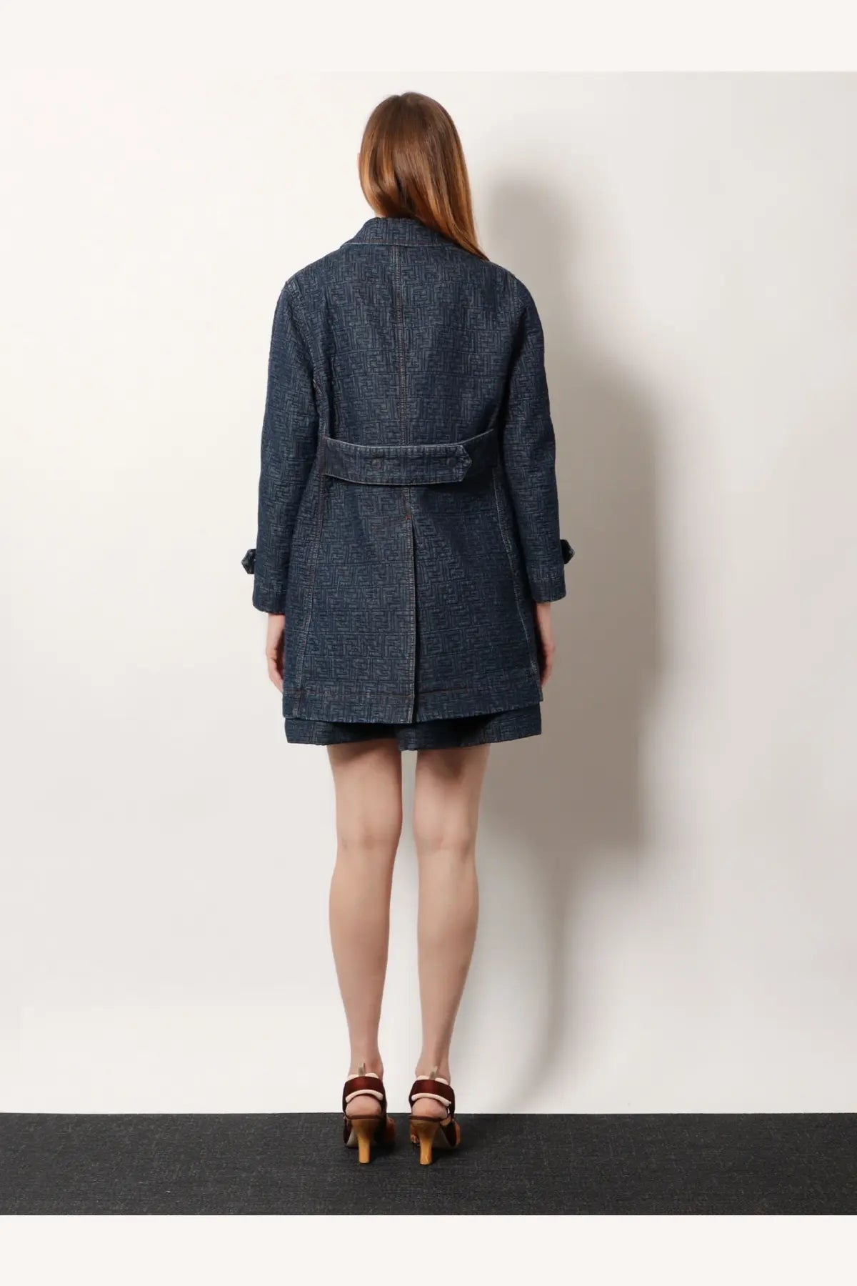 Fendi women’s blue dark textured wool trench coat with belted waist and buttoned cuffs perfect for stylish layering