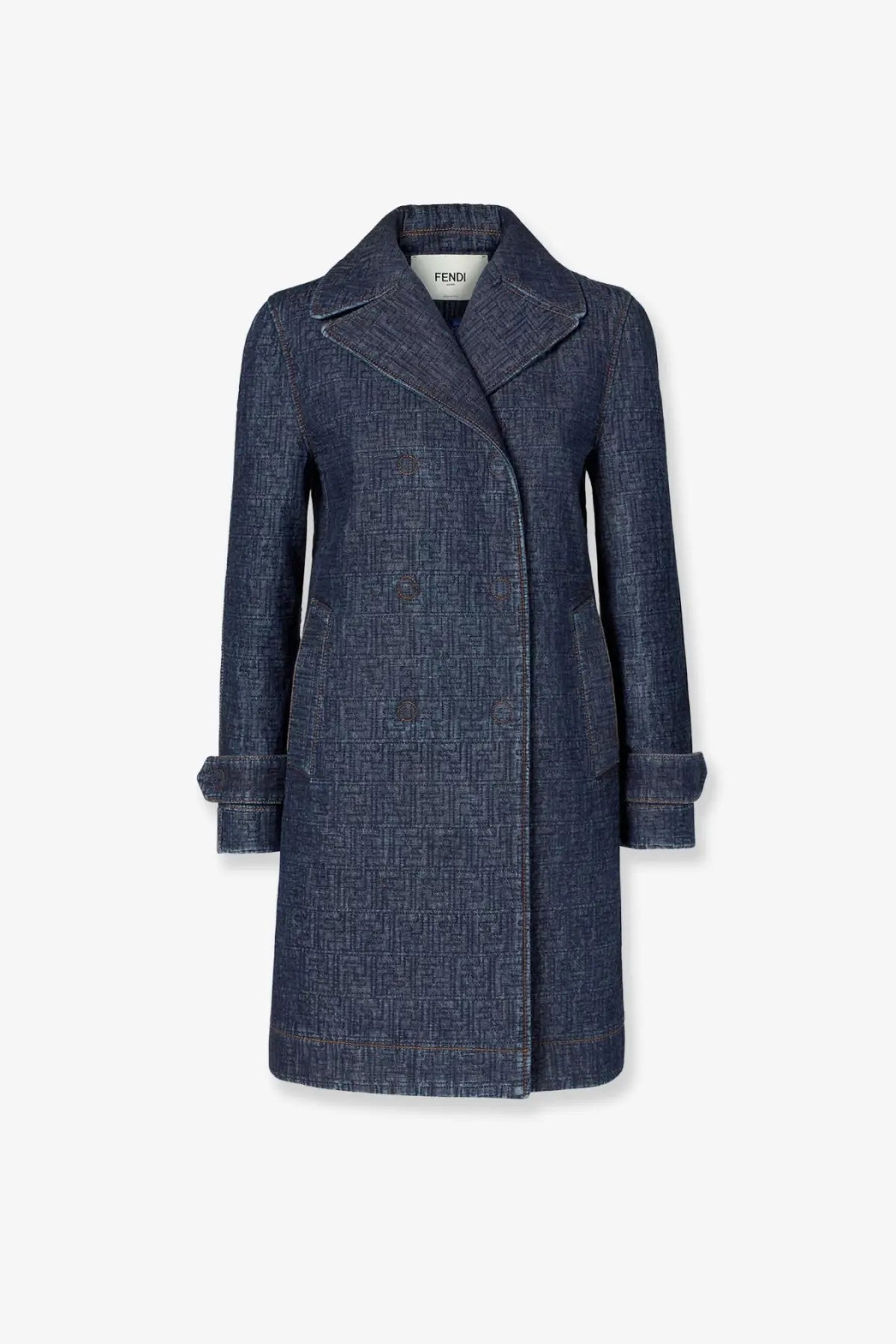 A navy blue Fendi women’s padded denim caban coat with subtle logo pattern, structured collar, and rolled cuffs