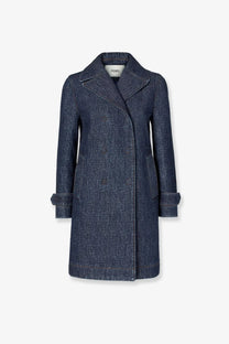 A navy blue Fendi women’s padded denim caban coat with subtle logo pattern, structured collar, and rolled cuffs
