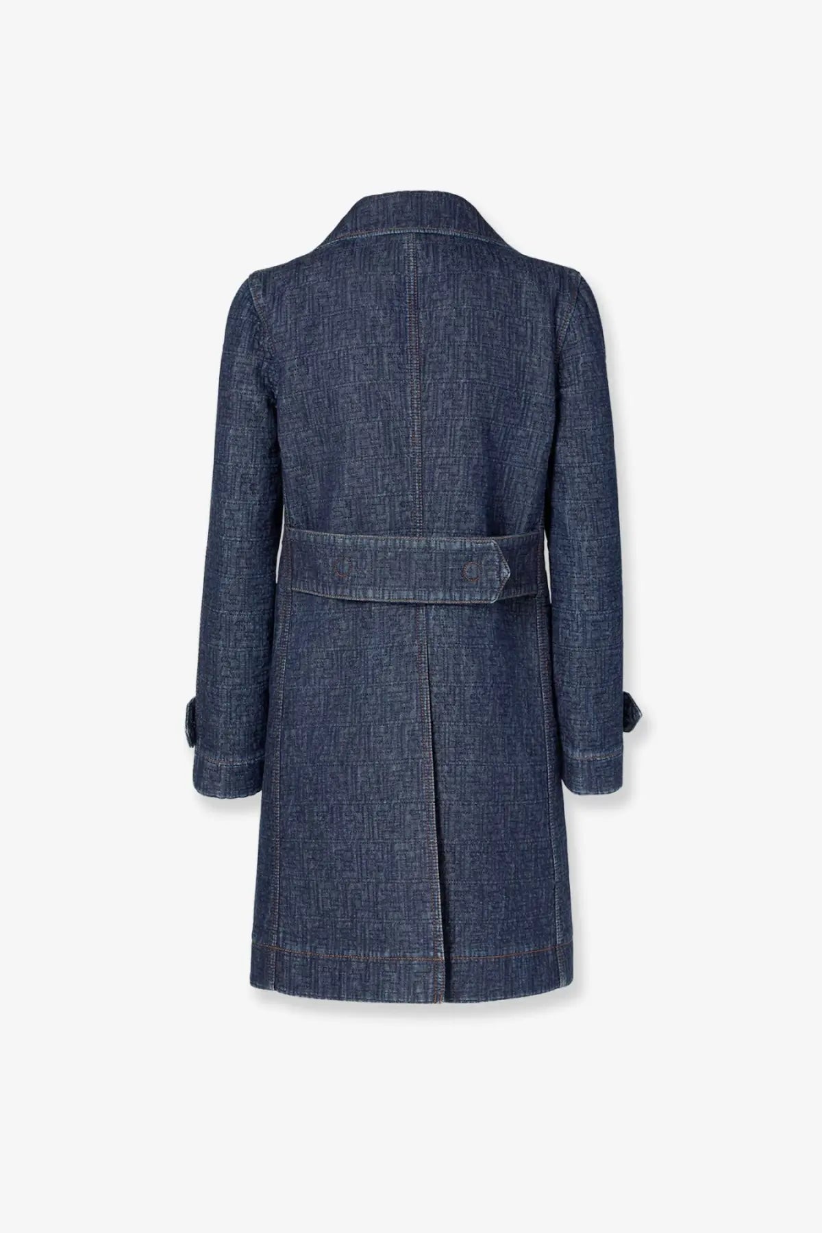 Fendi women’s ff padded denim caban blue trench coat in navy blue textured wool blend with belt and buttoned cuffs