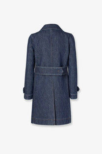 Fendi women’s ff padded denim caban blue trench coat in navy blue textured wool blend with belt and buttoned cuffs