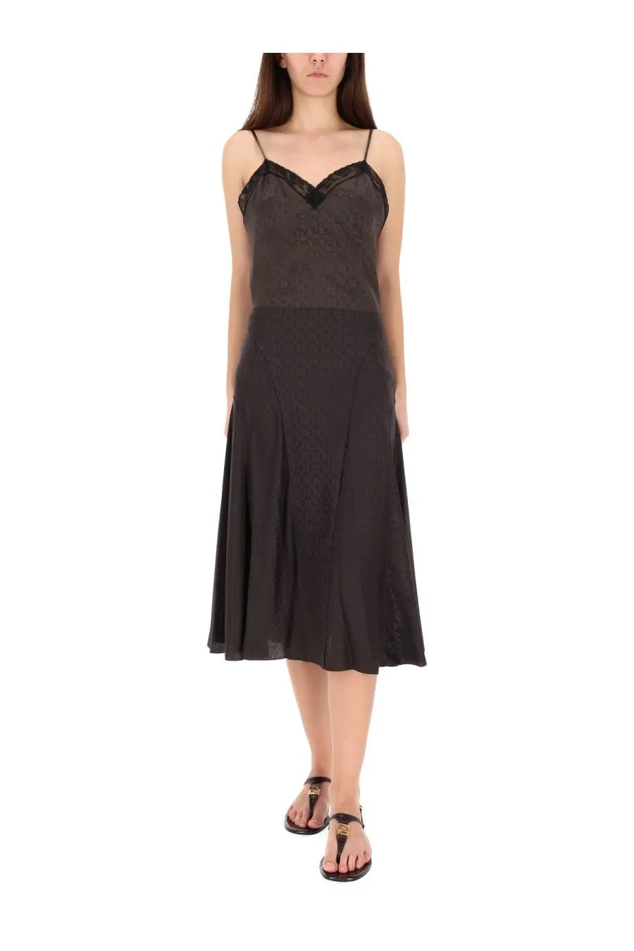 Fendi women’s brown ff silk skirt with black lace trim and spaghetti straps in midi length