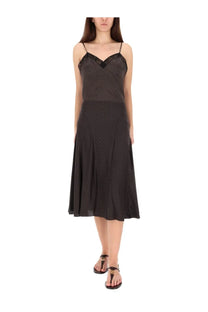 Fendi women’s brown ff silk skirt with black lace trim and spaghetti straps in midi length