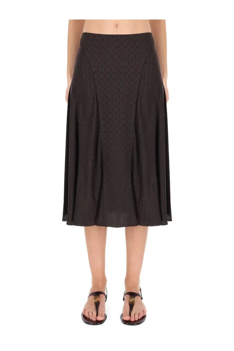 Black pleated midi skirt with subtle textured pattern from Fendi in brown silk for women